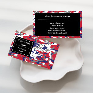 Camouflage, Blue White Red Grey, Military, Army Business Card