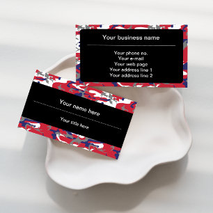 Camouflage, Blue White Red Grey, Military, Army Business Card