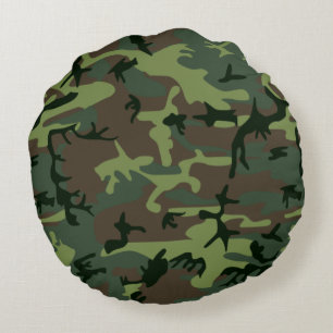 Camouflage Camo Green Brown Pattern Round Cushion