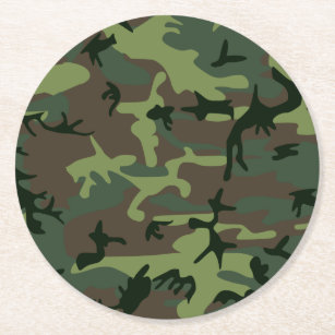 Camouflage Camo Green Brown Pattern Round Paper Coaster