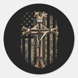 Camouflage Cross Deer Horn Fish Hook Hunting Classic Round Sticker