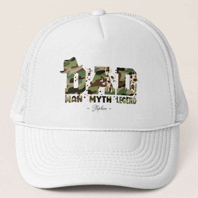 Camouflage "Dad – Man, Myth, Legend" Trucker Hat (Front)
