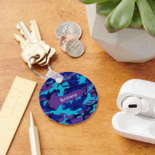 Camouflage Dark Blue & Purple Pattern Add Name Key Ring