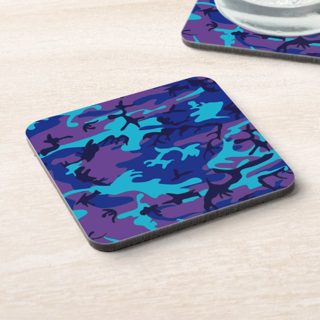 Camouflage Dark Blue & Purple Pattern Square Coaster (Left Side)