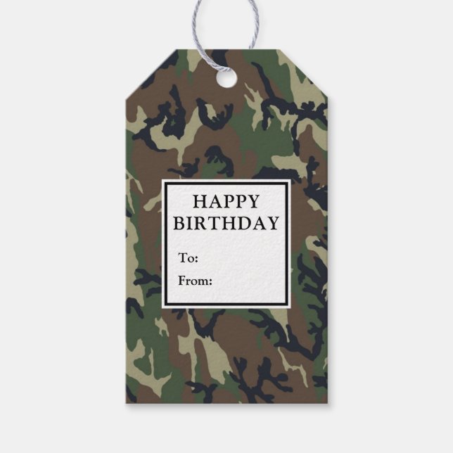 Camouflage Green Birthday Gift Tags (Front)