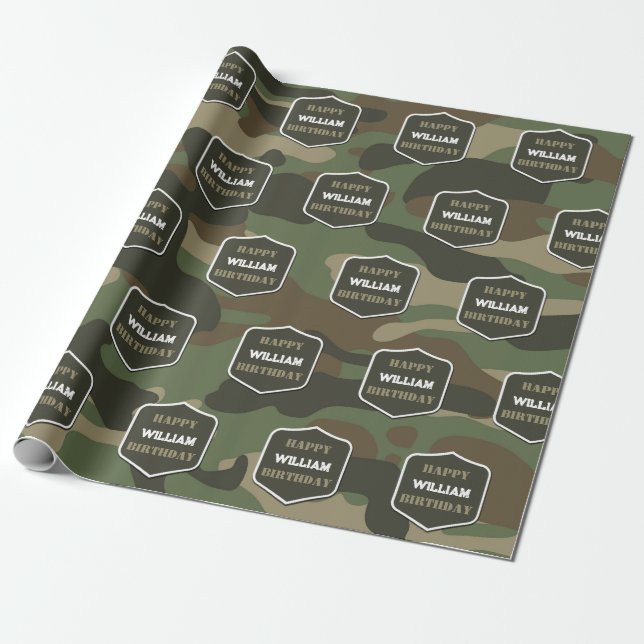 Camouflage Green Camo Army Monogram Birthday Name  Wrapping Paper (Unrolled)