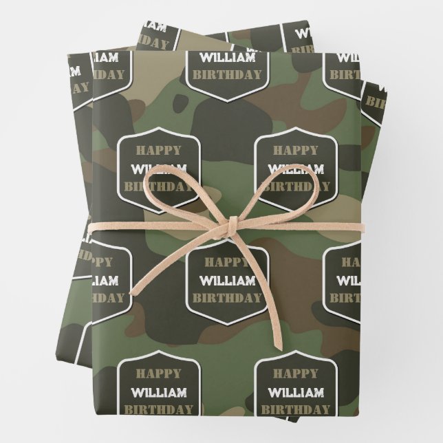 Camouflage Green Camo Army Monogram Birthday Name Wrapping Paper Sheet (In situ)