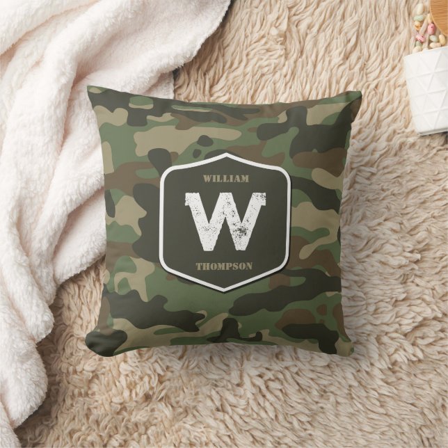 Camouflage Green Camo Army Pattern Monogram   Cushion (Blanket)