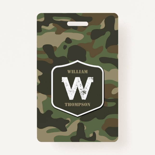 Camouflage Green Camo Army Pattern Monogram ID Badge (Front)