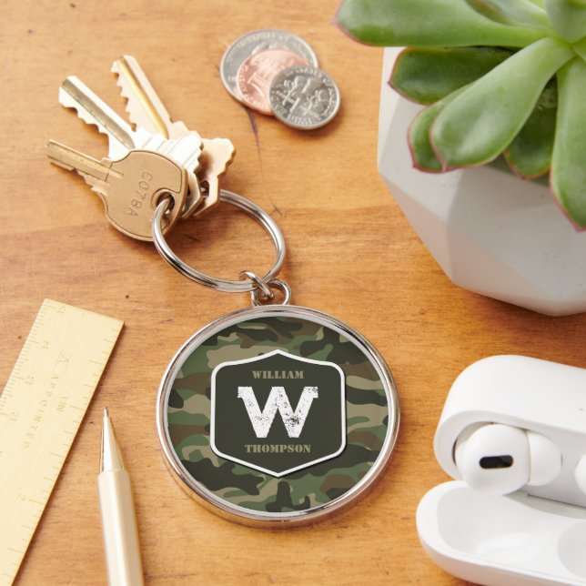 Camouflage Green Camo Army Pattern Monogram Key Ring (Desk)