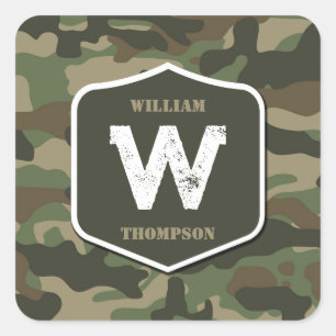 Camouflage Green Camo Army Pattern Monogram Square Sticker