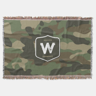 Camouflage Green Camo Army Pattern Monogram Throw Blanket