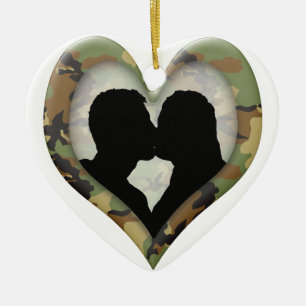 Camouflage Heart with Kissing Couple Ceramic Ornament