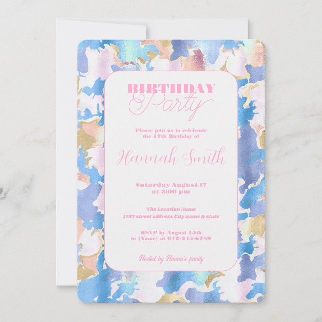 Camouflage Metallic Pink Blue Gold Abstract Invitation (Front)