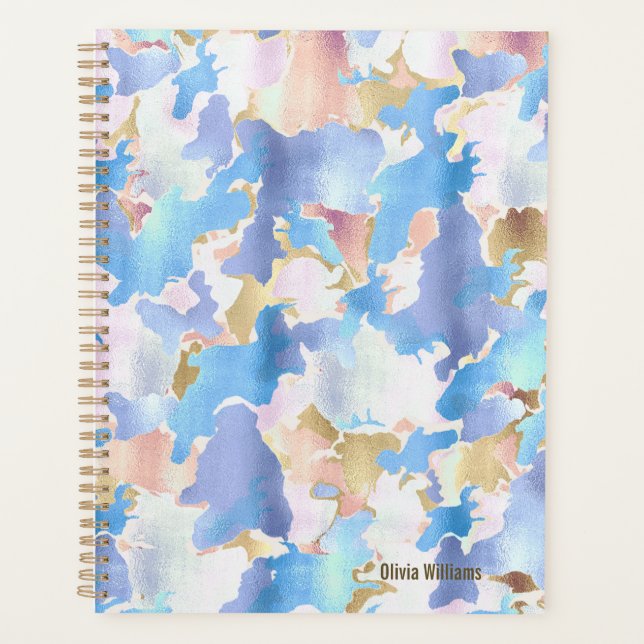 Camouflage Metallic Pink Blue Gold Abstract Planner (Front)
