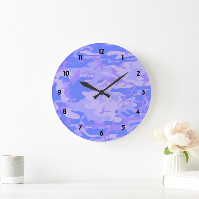 Camouflage Pastel Blue Abstract Pattern Round Large Clock (Home)
