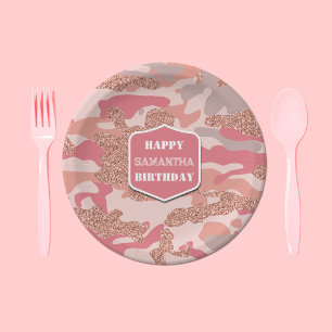 Camouflage Rose Gold Blush Pink Camo Army Birthday Paper Plate