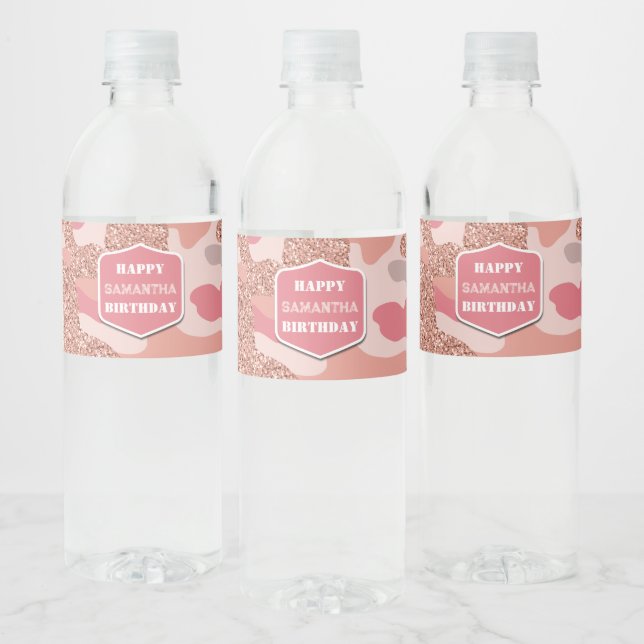 Camouflage Rose Gold Blush Pink Camo Army Birthday Water Bottle Label (Bottles)
