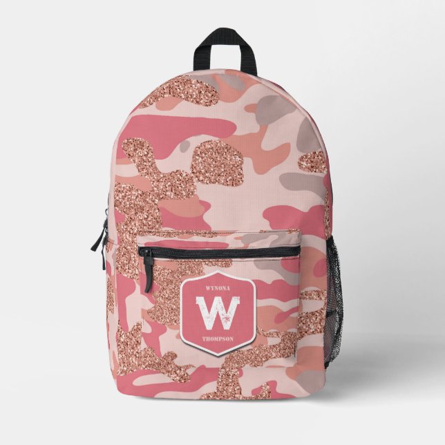 Camouflage Rose Gold Blush Pink Camo Army Girl Printed Backpack (Front)