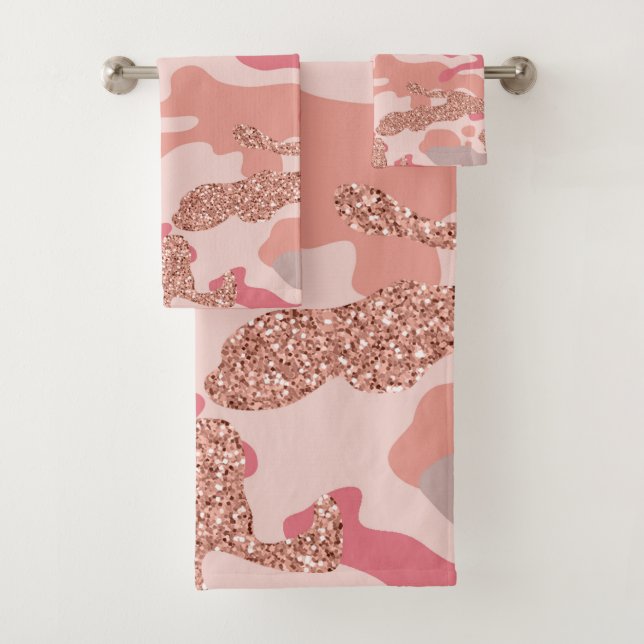 Camouflage Rose Gold Blush Pink Camo Army Pattern  Bath Towel Set (Insitu)