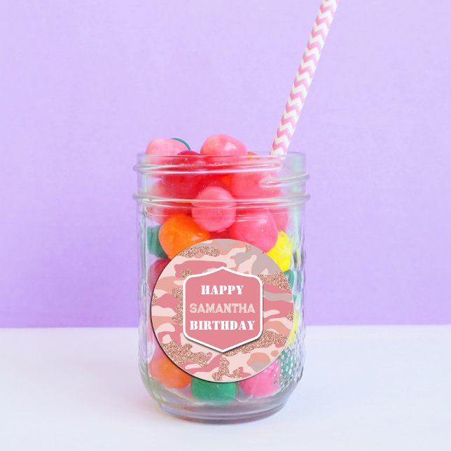 Camouflage Rose Gold Blush Pink Camo Birthday Classic Round Sticker (Camouflage Rose Gold Blush Pink Camo Army Birthday Classic Round Sticker)