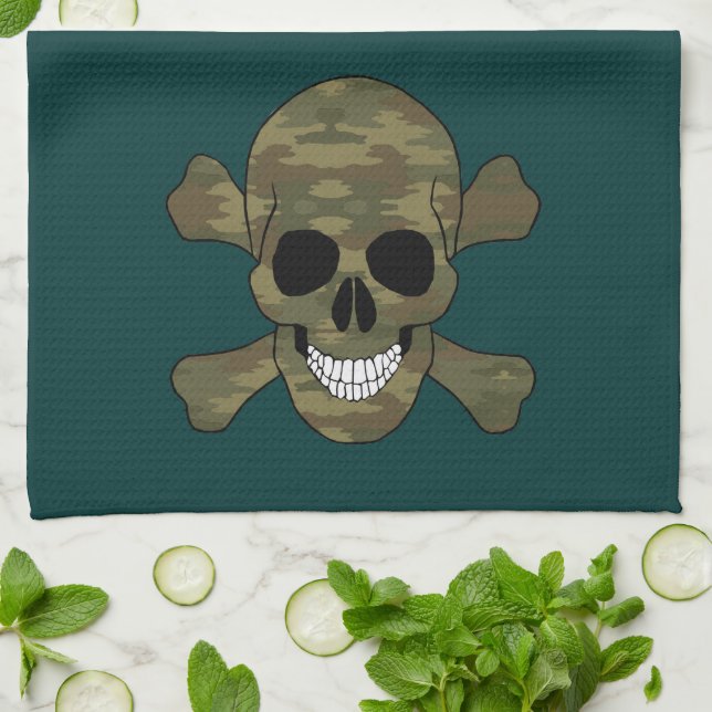 Camouflage Skull And Crossbones Kitchen Towel (Folded)