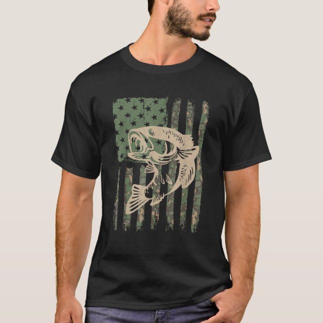 Camouflage USA Flag Big Mouth Bass Fishing T-Shirt (Front)