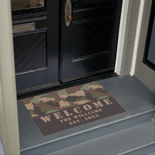 Camouflage Woodland Camo Khaki Black Name Welcome Doormat