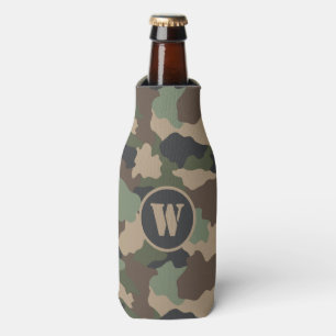Camouflage Woodland Camo Khaki Tan Black Monogram Bottle Cooler