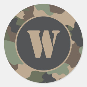 Camouflage Woodland Camo Khaki Tan Black Monogram Classic Round Sticker