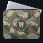 Camouflage Woodland Camo Khaki Tan Black Monogram Laptop Sleeve<br><div class="desc">Carry your computer laptop in style with this camouflage patterned laptop sleeve. This trendy woodland camo pattern includes colours in khaki, sage green, tan, brown and charcoal black. Customise with your monogrammed initial in a tan stencil typography on black. A unique gift for family and friends that are in the...</div>
