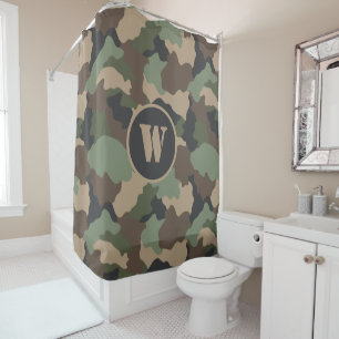 Camouflage Woodland Camo Khaki Tan Black Monogram Shower Curtain