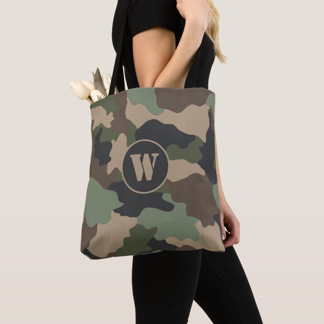 Camouflage Woodland Camo Khaki Tan Black Monogram Tote Bag (Close Up)