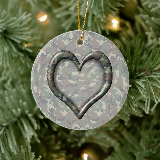 Camouflage Woodland Forest Heart on Camo Ceramic Ornament (Tree)