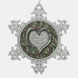 Camouflage Woodland Forest Heart on Camo Snowflake Pewter Christmas Ornament