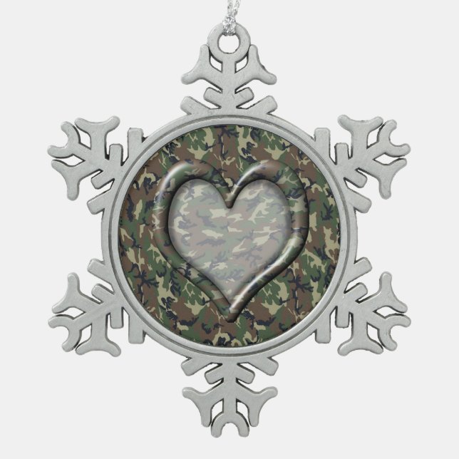 Camouflage Woodland Forest Heart on Camo Snowflake Pewter Christmas Ornament (Front)