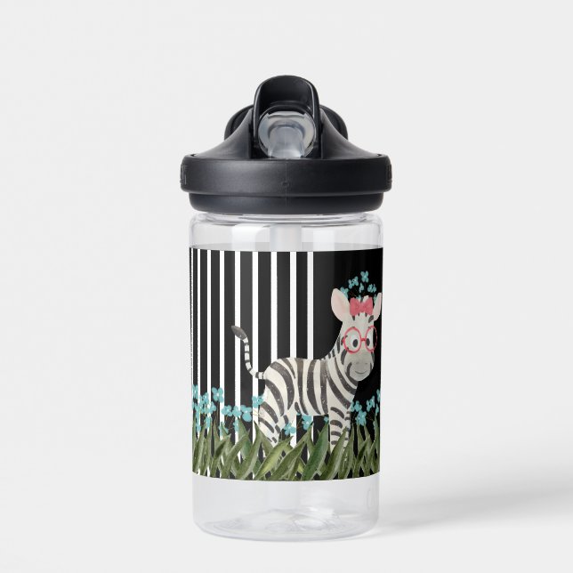 Camouflage Zebra With Blue Flowers Water Bottle (Front)