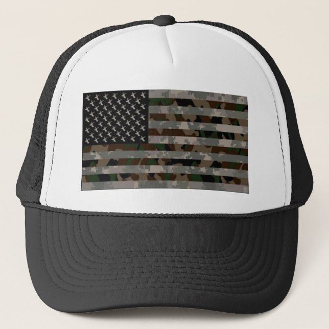 Camouflaged American Flag Trucker Hat (Front)