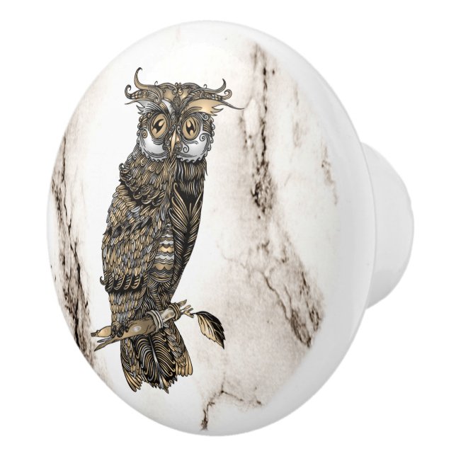 Camouflaged Owl on Brown Marble Ceramic Knob (Right)
