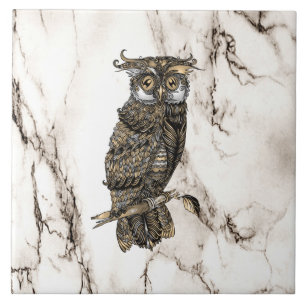 Camouflaged Owl on Brown Marble Ceramic Tile