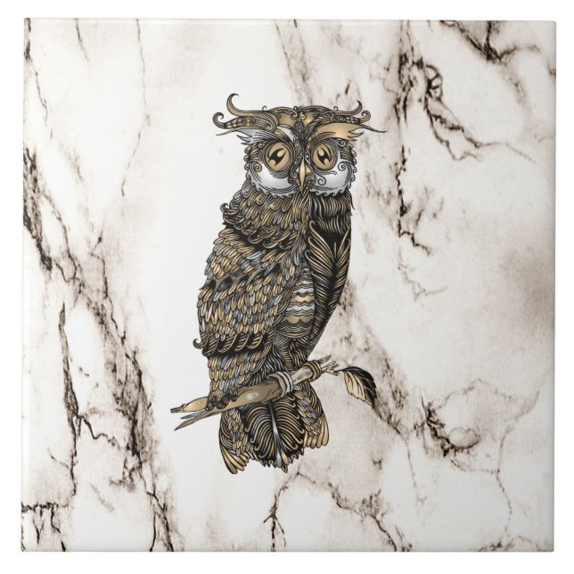 Camouflaged Owl on Brown Marble Ceramic Tile (Front)