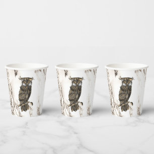 Camouflaged Owl on Brown Marble Paper Cups