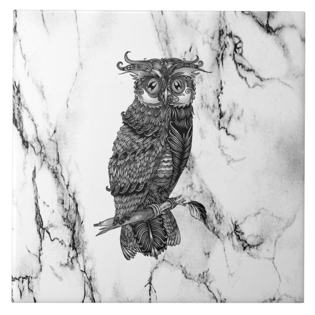 Camouflaged Owl on Marble Ceramic Tile (Front)