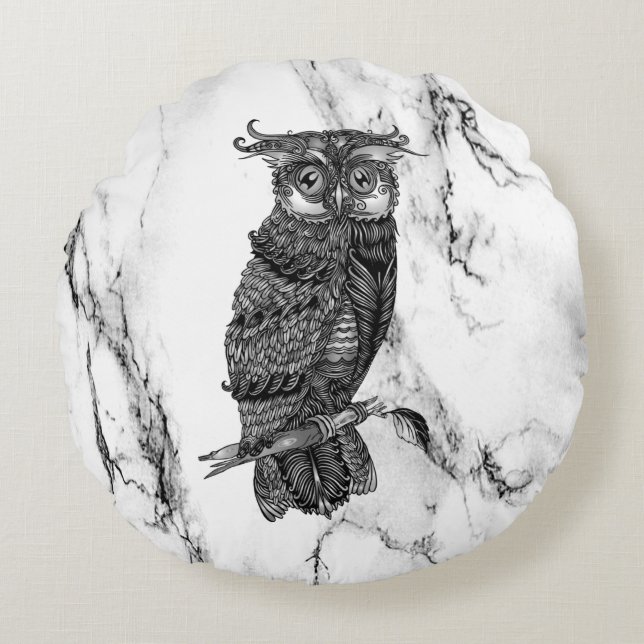 Camouflaged Owl on Marble Round Cushion (Front)