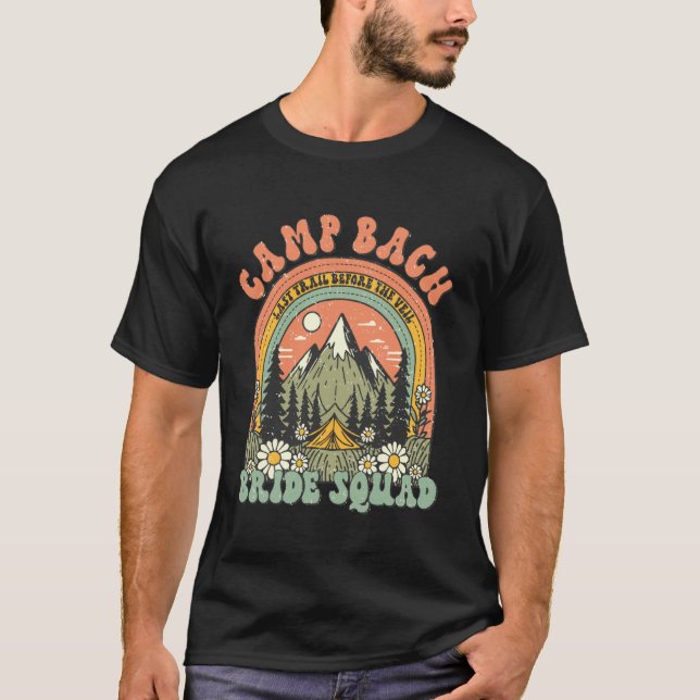 Camp Bach Bride Squad Retro Camping Bachelorette M T-Shirt (Front)