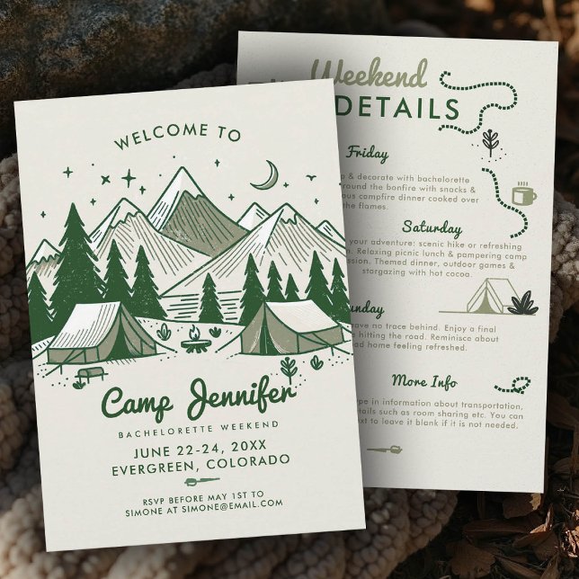 Camp Bach Camping Green 3-Day Bachelorette Party Invitation (camp bachelorette invitation itinerary green nature bach camping glamping 3-day weekend)