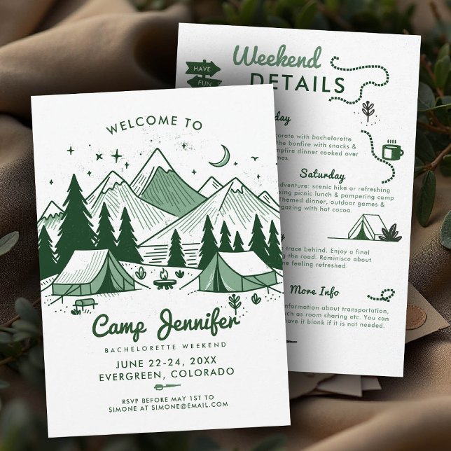 Camp Bach Green 3-Day Camping Bachelorette Party Invitation (camp bachelorette invitation itinerary green nature camping glamping 3-day weekend bach)