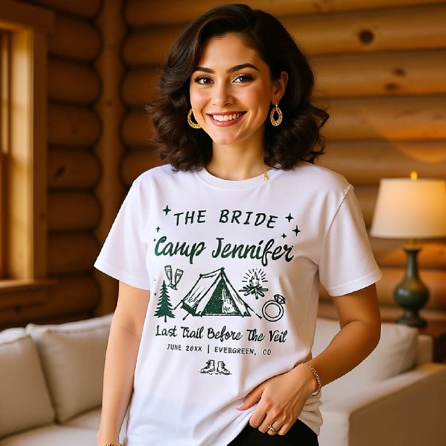 Camp Bachelorette Camping Hand Drawn Matching T-Shirt (camp bachelorette bride shirt last trail before veil camping hand drawn white green)