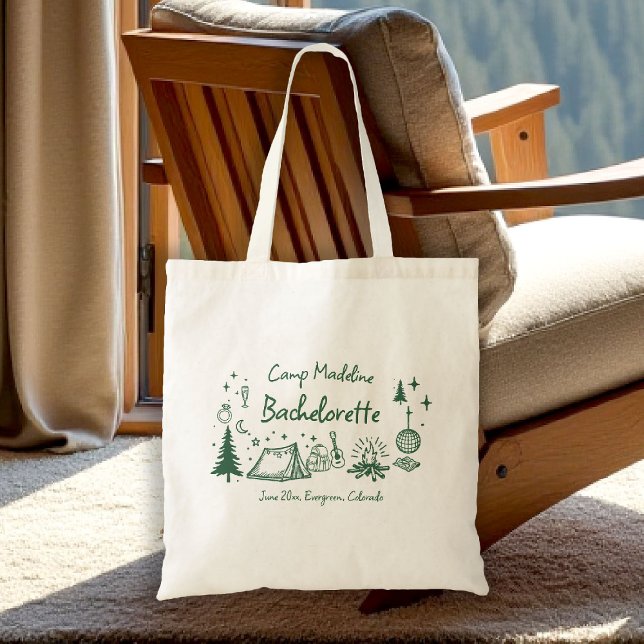 Camp Bachelorette Camping Hand Drawn Writing Green Tote Bag (camp bachelorette tote bag bridesmaid gift camping hand drawn written girls trip bach)