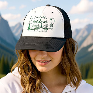 Camp Bachelorette Camping Hand Drawn Writing Green Trucker Hat